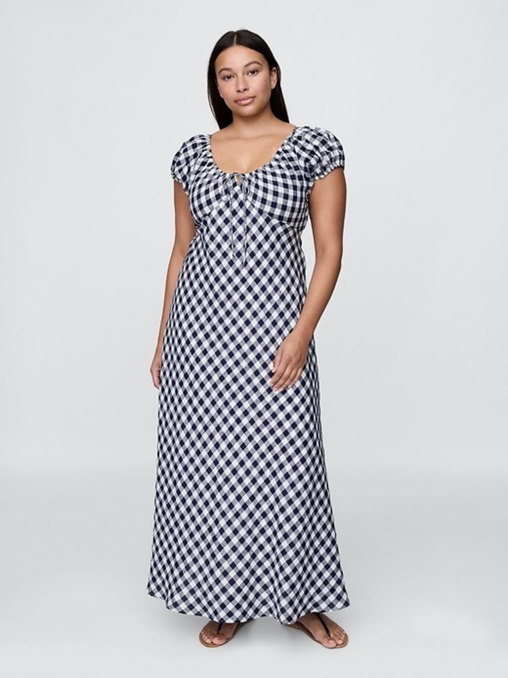 Gap x DÔEN 100% Linen Gingham Midi Dress in Navy Blue Gingham - S